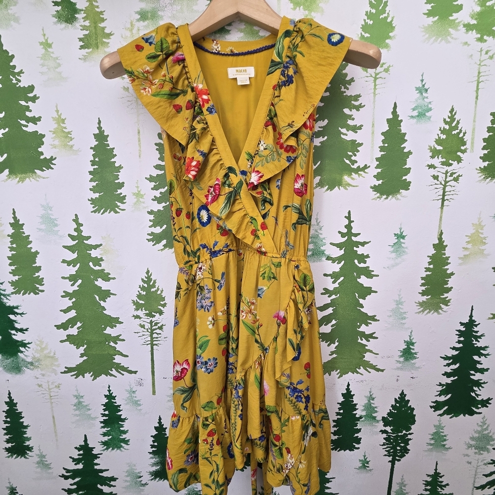 Anthropologie Mauve Floral Yellow Dress with Ruffle Detail